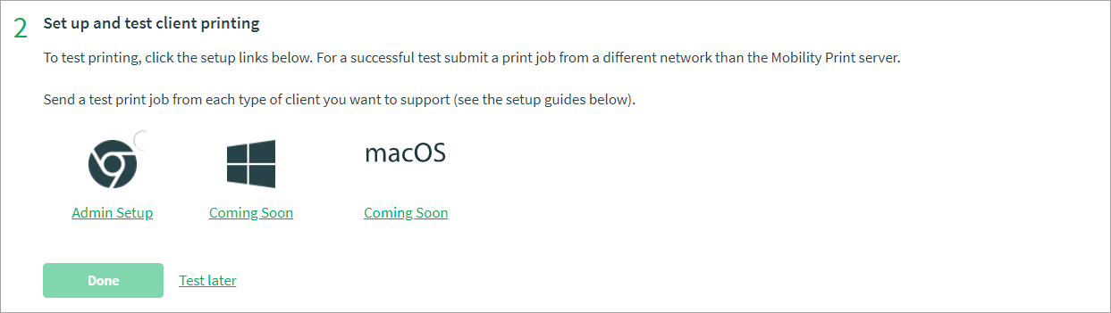 Screenshot showing the 'testing printing' section when setting up clients with Mobility Print