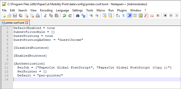 Screenshot showing the edited printer.conf.toml file.