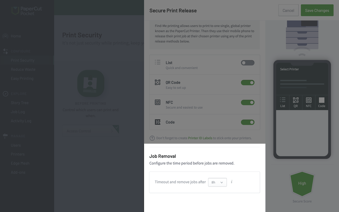 Screenshot showing the secure print release option to delete old print jobs after a specified amount of time.