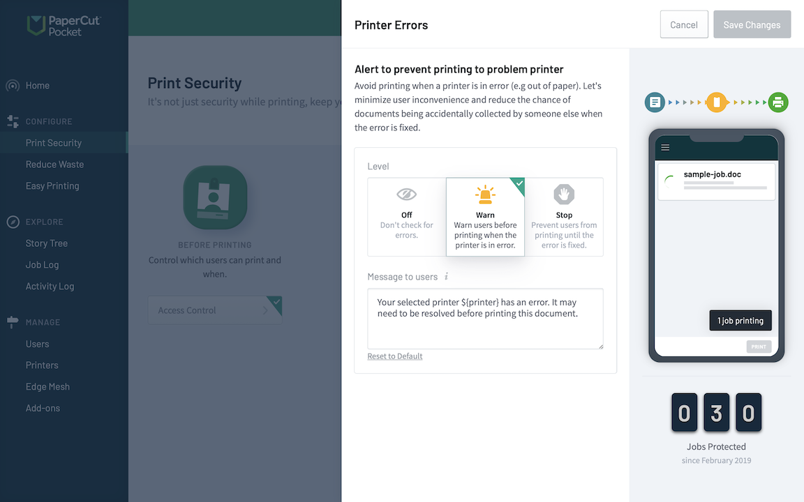 Screenshot showing the warning options for users, to alert them to printer errors like low toner or out of paper.