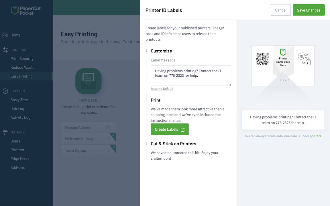 Screenshot showing the printer ID labels customization panels.