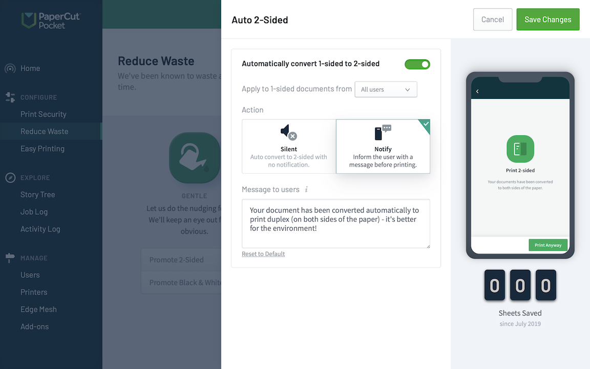 Screenshot showing the options for forcing users to print double sided / duplex.