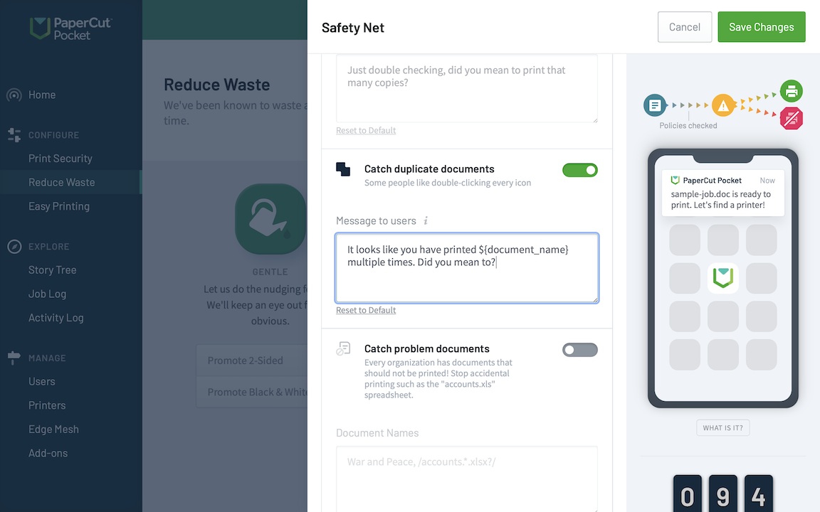 Screenshot showing the options for prompting users that they might accidentally printed duplicate documents.