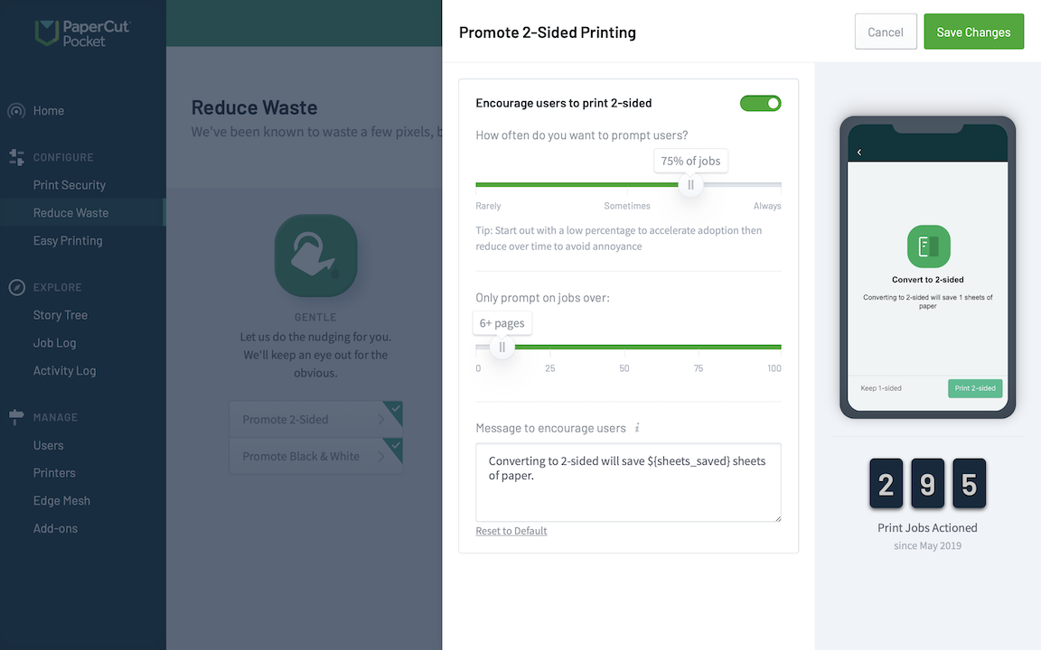 Screenshot showing the options for promoting double sided / duplex printing.