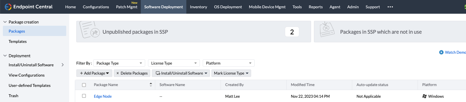 Endpoint Central - List of installation packages in Endpoint Central (edge node only).