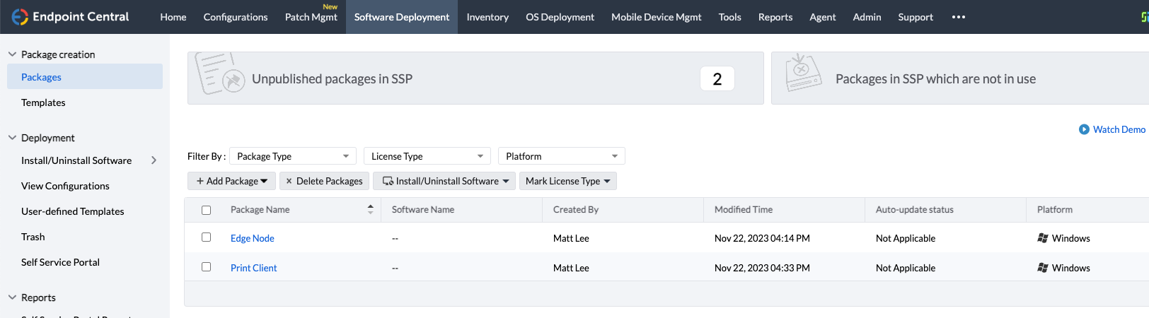 Endpoint Central - List of both installation packages in Endpoint Central.