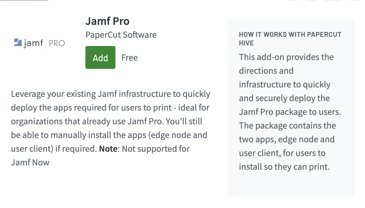 PaperCut Pocket &amp; PaperCut Hive admin interface - Jamf add-on learn more