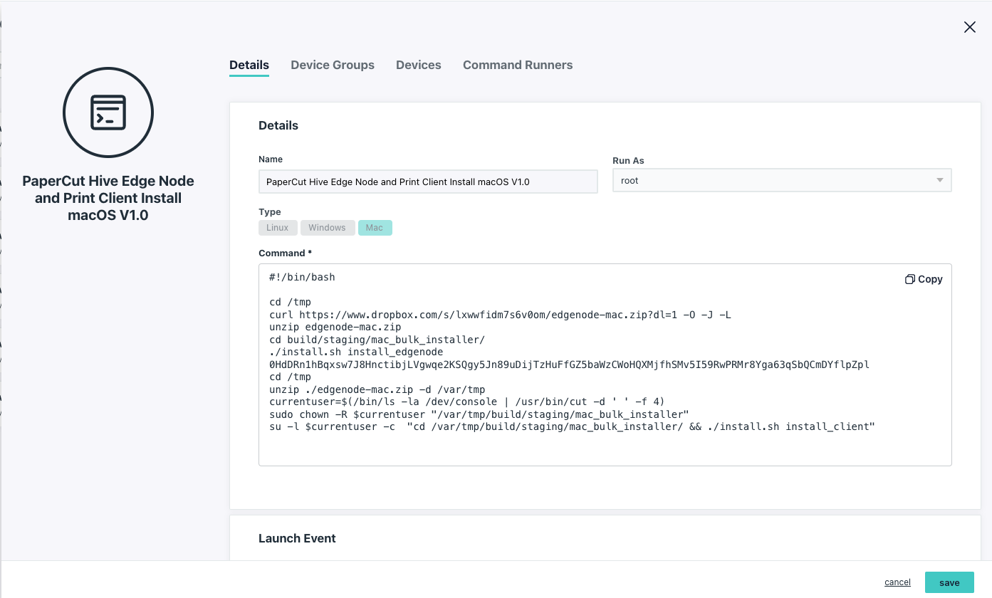 JumpCloud - PaperCut Hive edge node Command