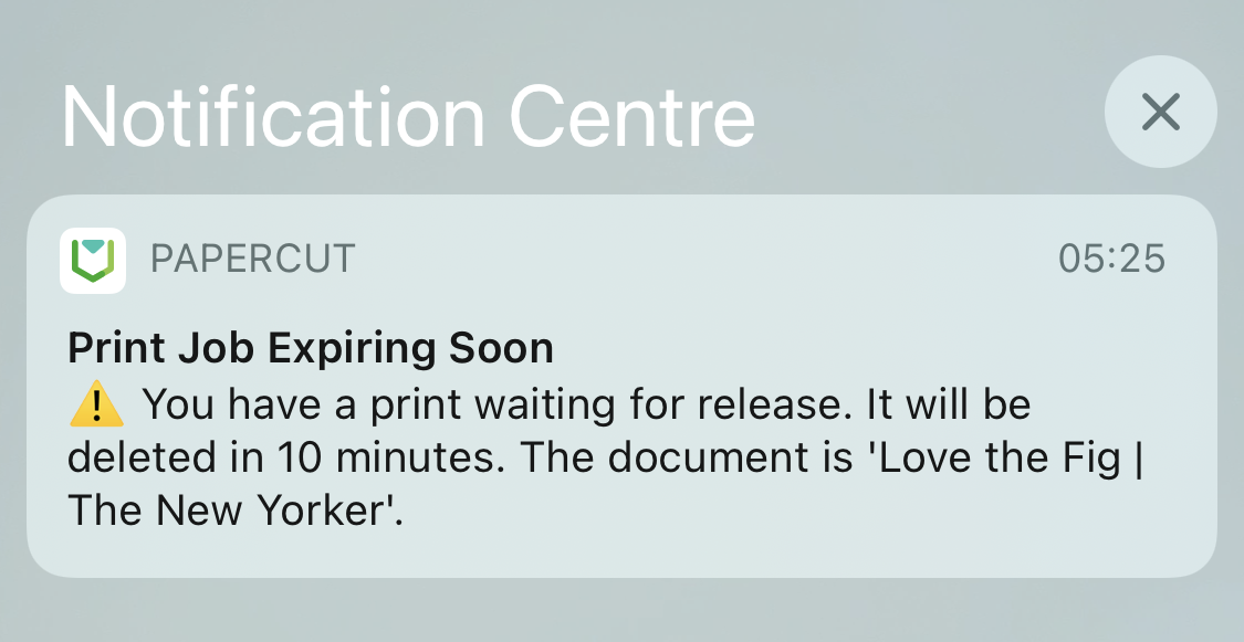 Print notification showing 'Print Job Expiring soon' to let the user know that one of their print jobs is about to be deleted.