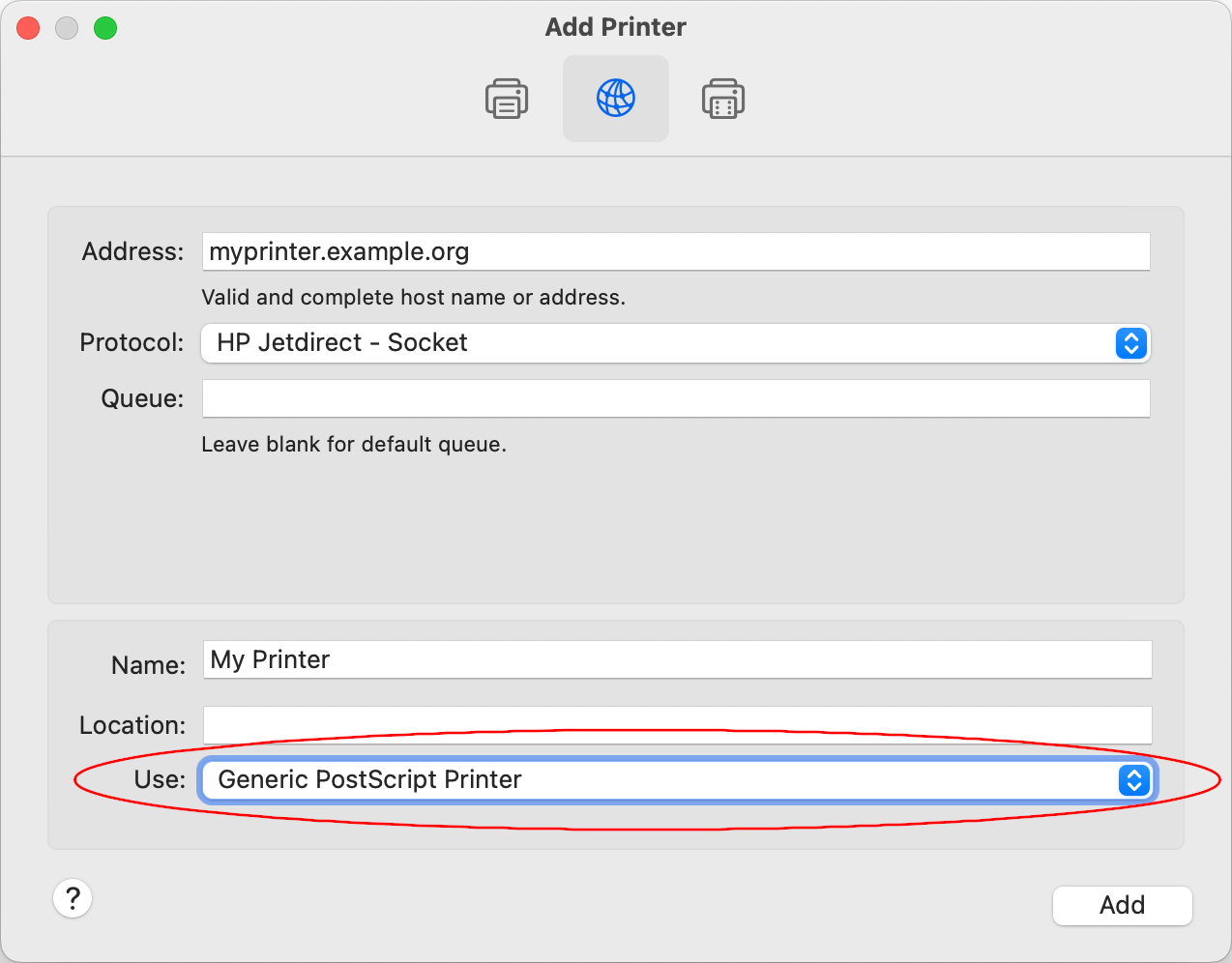 Screenshot of the macOS dialog for creating a new print queue, highlighting the option to use Generic PostScript Printer