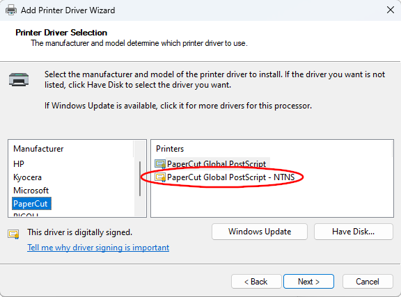 Screenshot of the Windows printer driver selection dialog showing the PaperCut driver list under the PaperCut manufacturer.