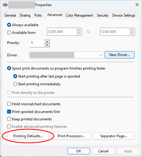 Screenshot of the Advanced tab of the Windows Printer Properties sheet highlighting the Printing Defaults button.