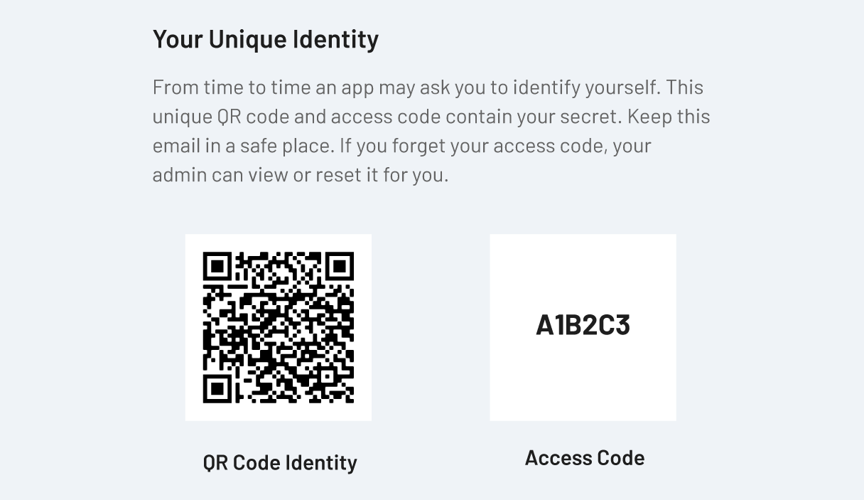 Sample invitation email showing access code and QR code in PaperCut Pocket or Hive
