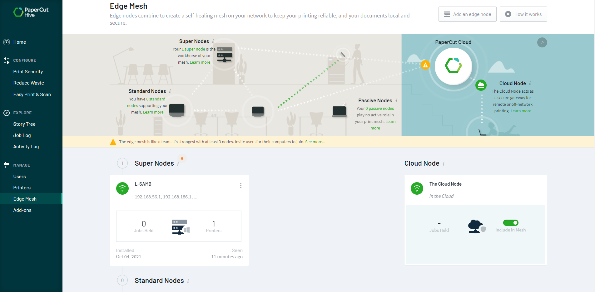 Screenshot of the Edge Mesh tab, allowing management and configuration of your local network edge nodes and the Cloud Node.