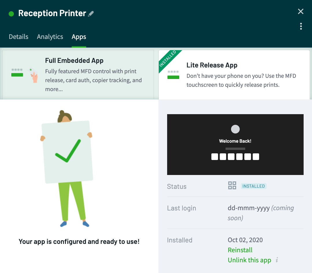 Screenshot of the PaperCut Hive embedded app, installed on an MFD or copier.