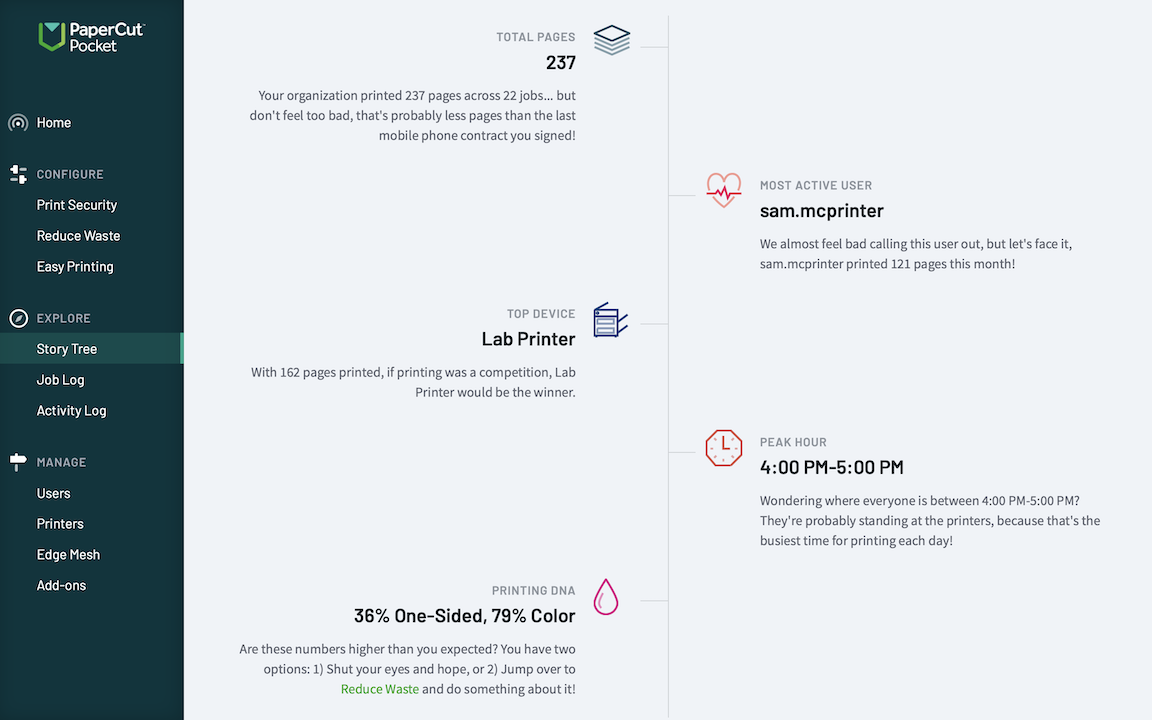 Screenshot of the PaperCut Pocket and Hive 'Story tree' showing interesting insights to your organization's printing behavior.