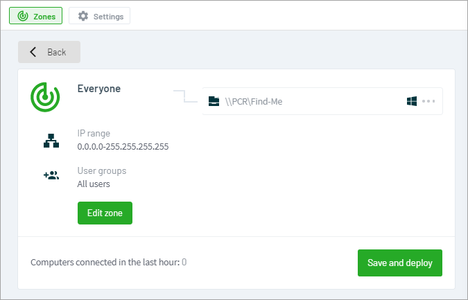 Screenshot showing the Print Deploy screen with one example print queue now added to the zone and listed in the zone details.