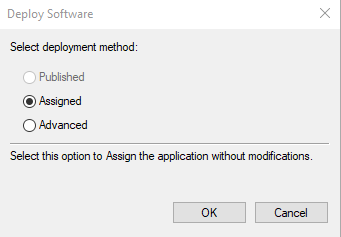 Screenshot showing the 'Deploy software' dialog, with the 'Assigned' option selected