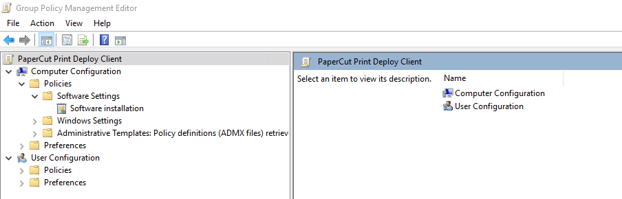 Screenshot showing the Group policy management editor with the PaperCut Print Deploy Client selected.