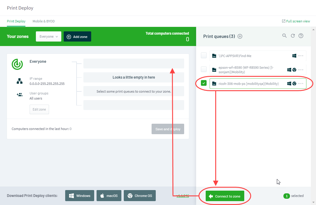 A screenshot of Print Deploy with a highlights around a print queue, the 'Connect to zone' button and the Zones area.