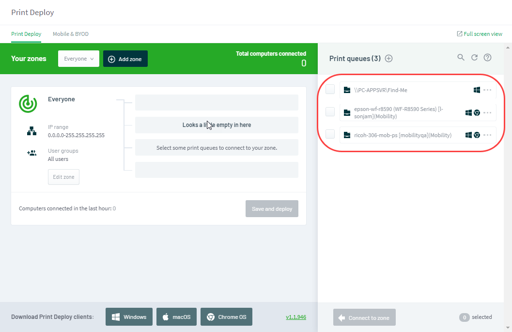 A screenshot of the list of 3 print queues in Print Deploy ready to be added to a zone.