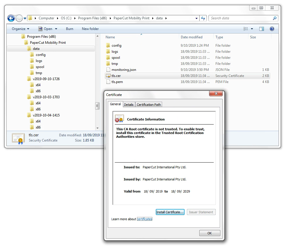 Screenshot showing the tls.cer file in the Mobilty-Print\data\ directory. The user has double clicked the file, so they see the additional 'Certificate' dialog with the 'Install Certificate' button highlighted.