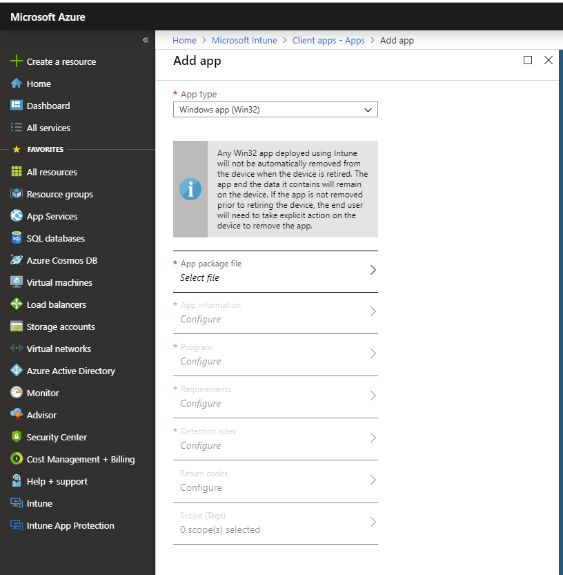 Screenshot showing the add app screen in Azure, with Windows App (Win 32) selected.