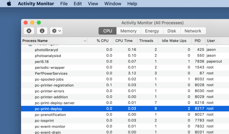 Screenshot of Activity Monitor on macOS, with the pc-print-deploy process highlighted.