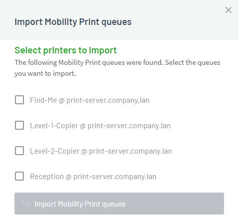Animated gif showing screenshots of the admin selecting which queues they want to import into Print Deploy.