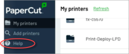 'Help' link shown circled in a screenshot of the Print Deploy client
