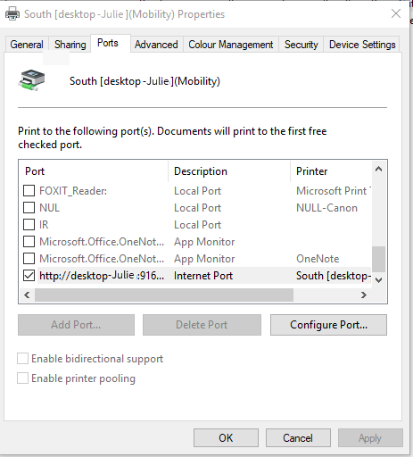 Screenshot of the printer properties dialog in windows, showing the 'ports' tab, with the active port for the Mobility Print queue showing the fully qualified domain name.