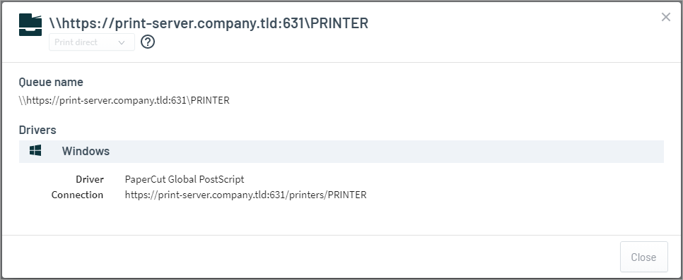 Screenshot of the HTTPS Windows Print Queue Info Panel in the Print Deploy Admin Console, showing the Queue name, the drive and the connection string.