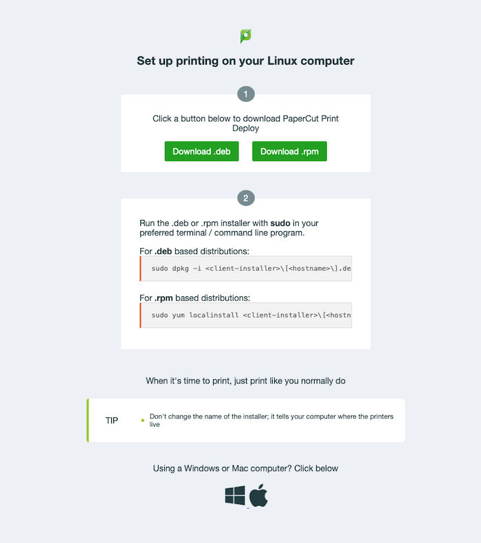 Screenshot showing setup page for the Print Deploy Client for Linux - 2 steps are shown, 1 download the client and 2 install the client.