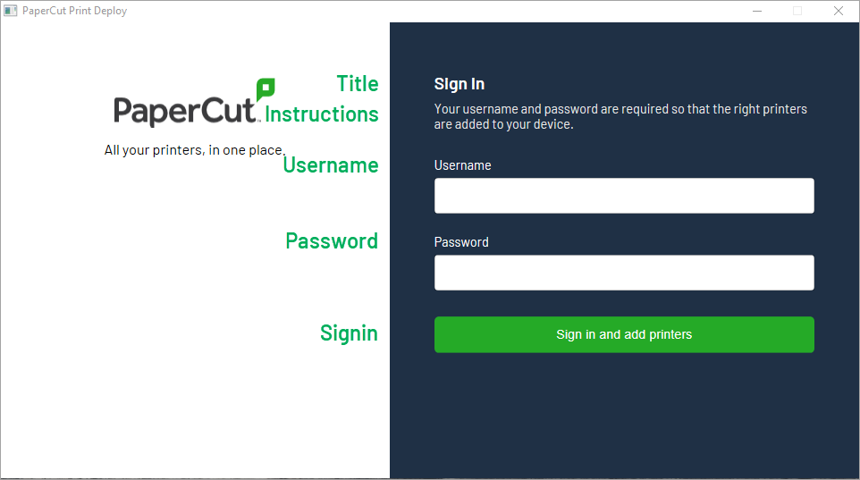 Screenshot of the Print Deploy sign-in page, showing the Title and instructions at the top, with the username and password fields and finally the text on the 'sign in' button.
