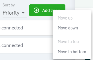 Screenshot of the sys admin using the elipses menu at the end of an item in the zones list to either 'move up' or 'move down' the priority (order) of each zone.