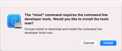 Screenshot showing the macOS dialog asking if you want to install developer tools, since the 'otool' tool is required.