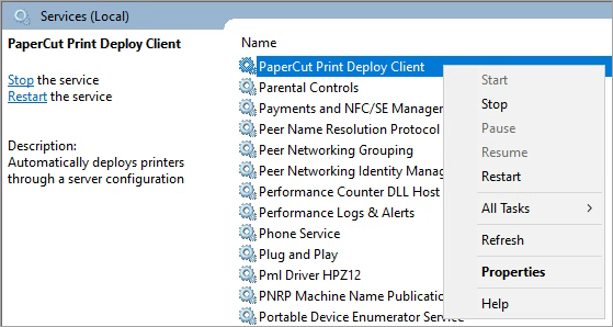 Screenshot of the Windows services panel on a workstation, with the PaperCut Print Deploy Client highlighted, and the context menu open with 'Restart' selected.