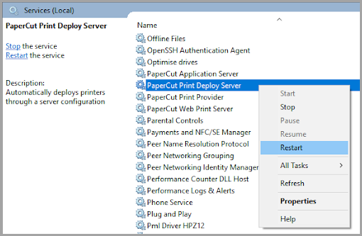 Screenshot of the Windows 'services' panel, with the PaperCut Print Deploy Server service selected, and the context menu highlighted with 'restart'.