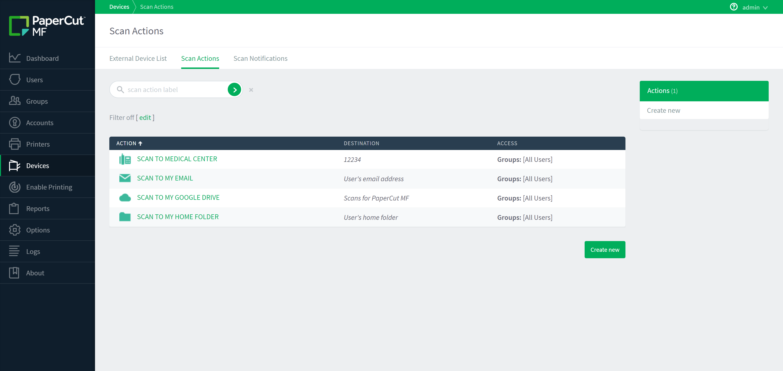 PaperCut product UI image showing scan actions.