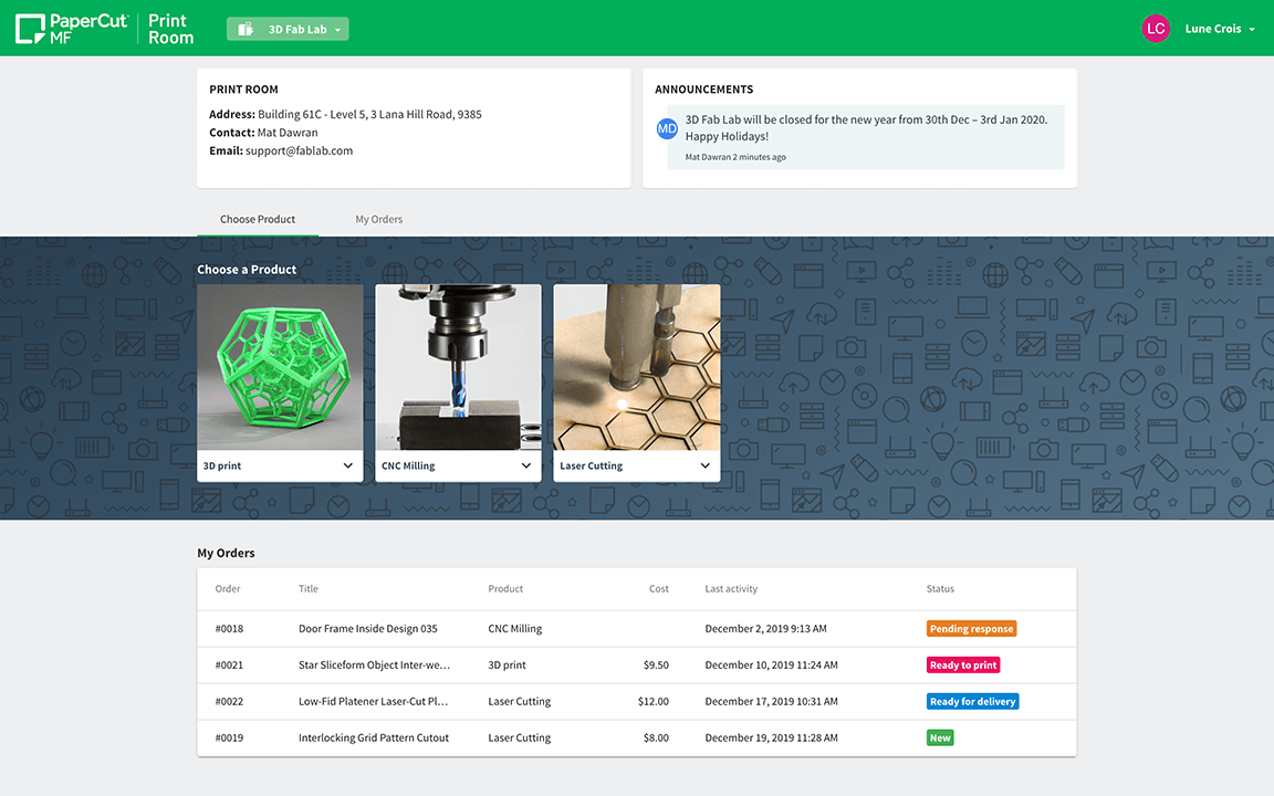 PaperCut MF 3D Fab Lab user dashboard