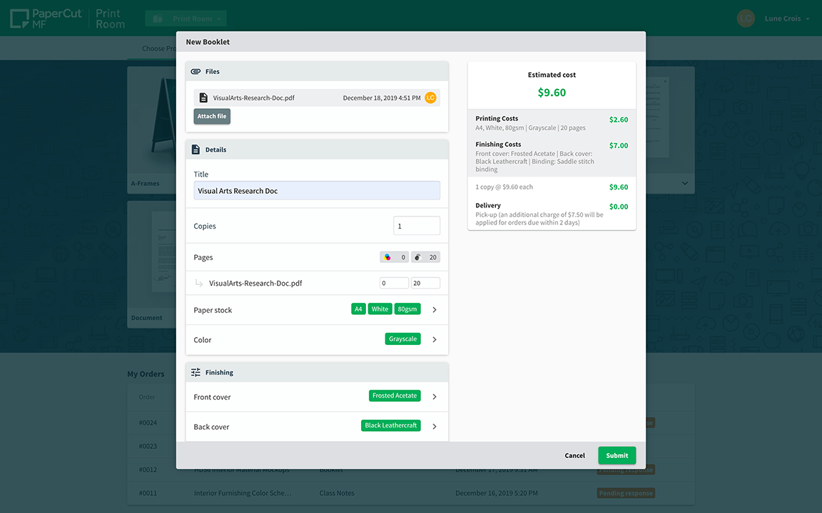 Users can see the cost of their order change as they configure, which  encourages responsible printing behavior.