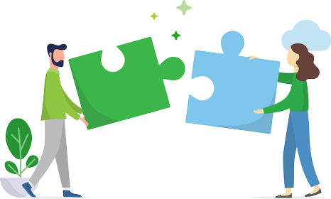 Illustration of two people putting jigsaw parts together