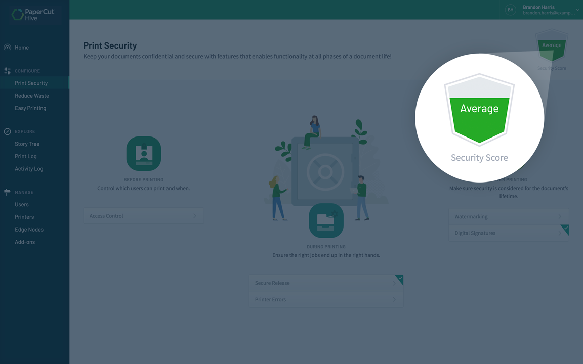 A screenshot from the PaperCut Hive Product that shows how the level of security increases when enabling more security features