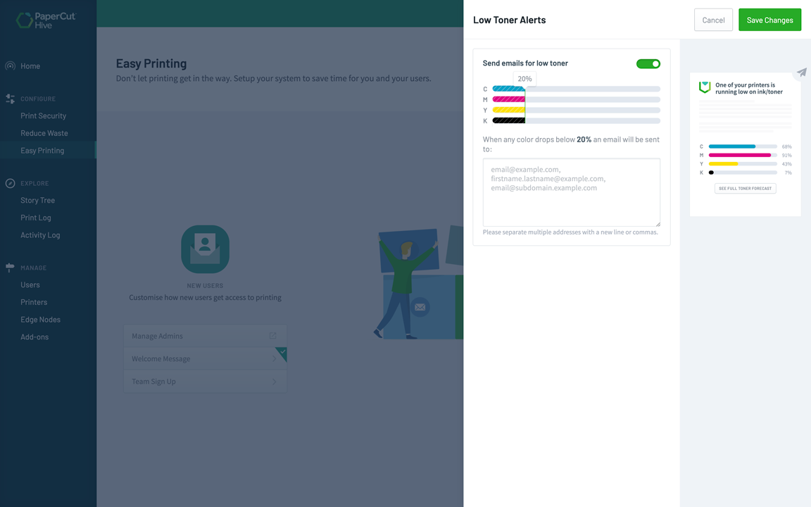 A screenshot of PaperCut Hive cloud software showing a feature that alarms you when your toner is low