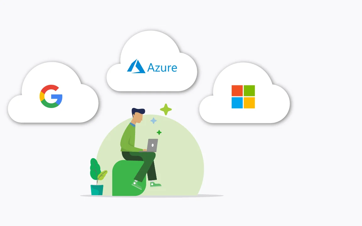 An illustration of a guy sitting with his laptop and a few clouds around him representing Microsoft 365, Azure AD, and Google Workspace 