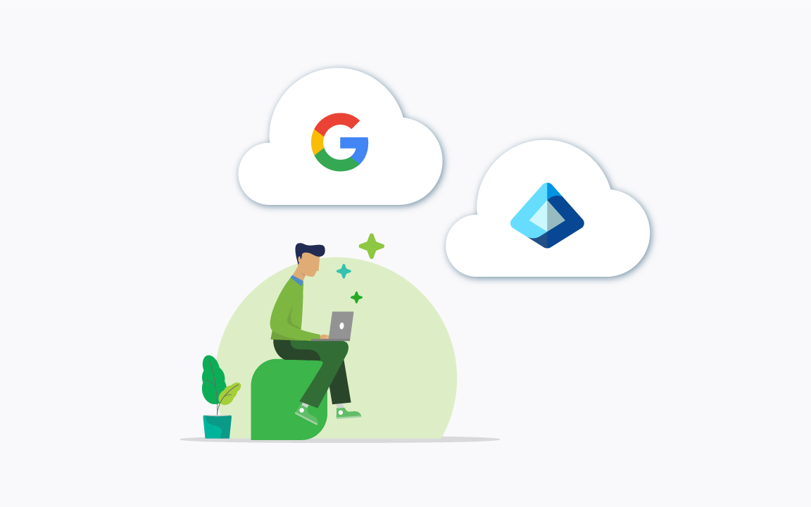  An illustration of a guy sitting with his laptop and a few clouds around him representing Microsoft Entra ID and Google Workspace 