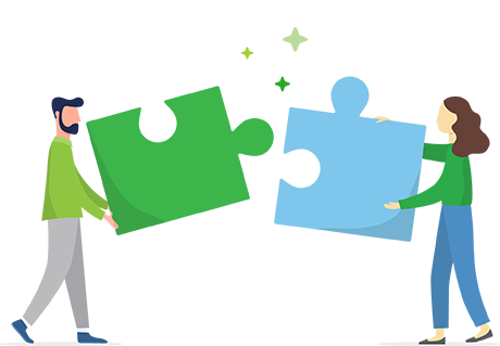Illustration of two people holding large puzzle pieces aiming to connect