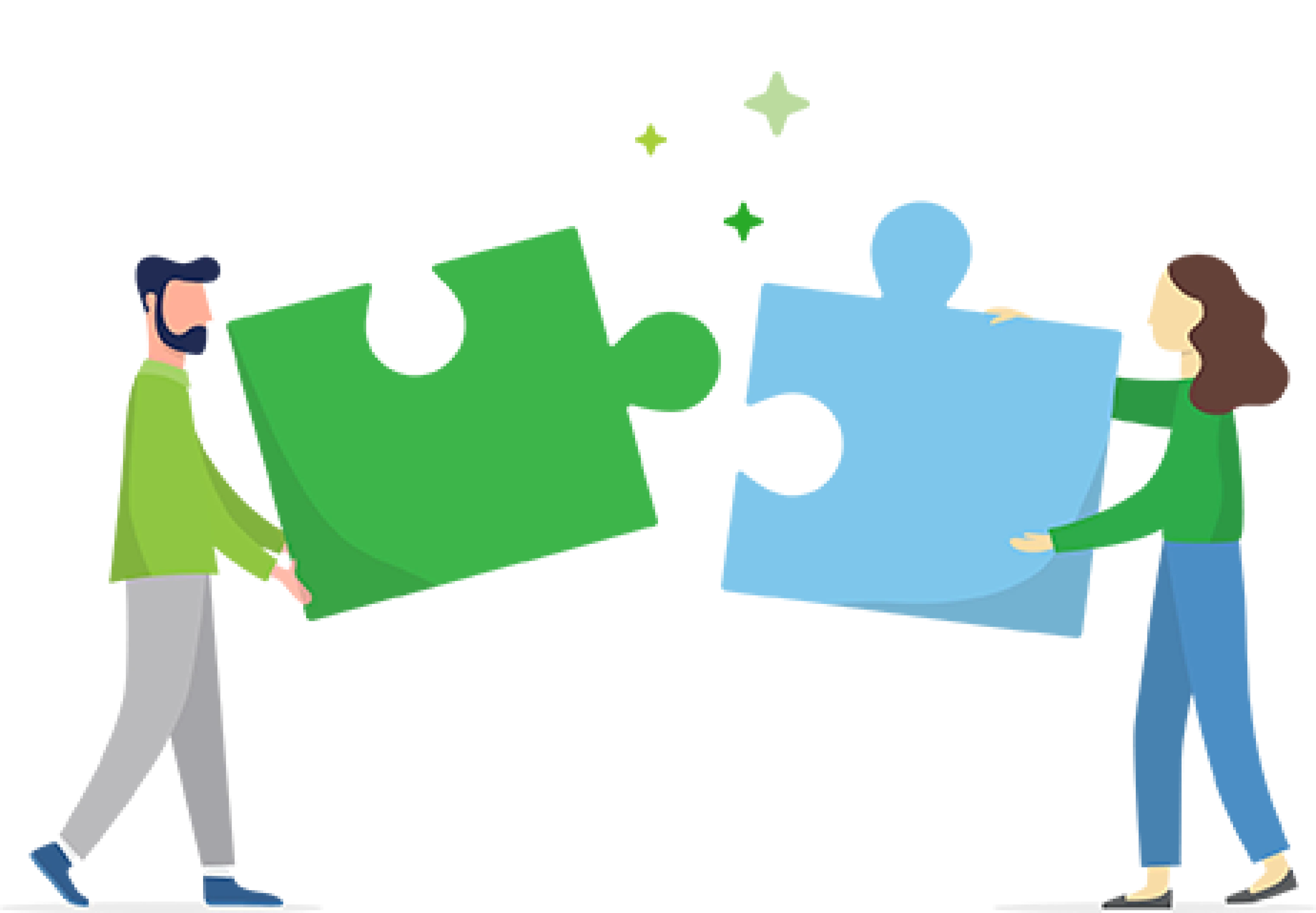 Illustration of two people holding large puzzle pieces aiming to connect