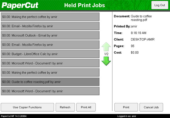 An image showing the PaperCut MF Canon interface for Held Print Jobs