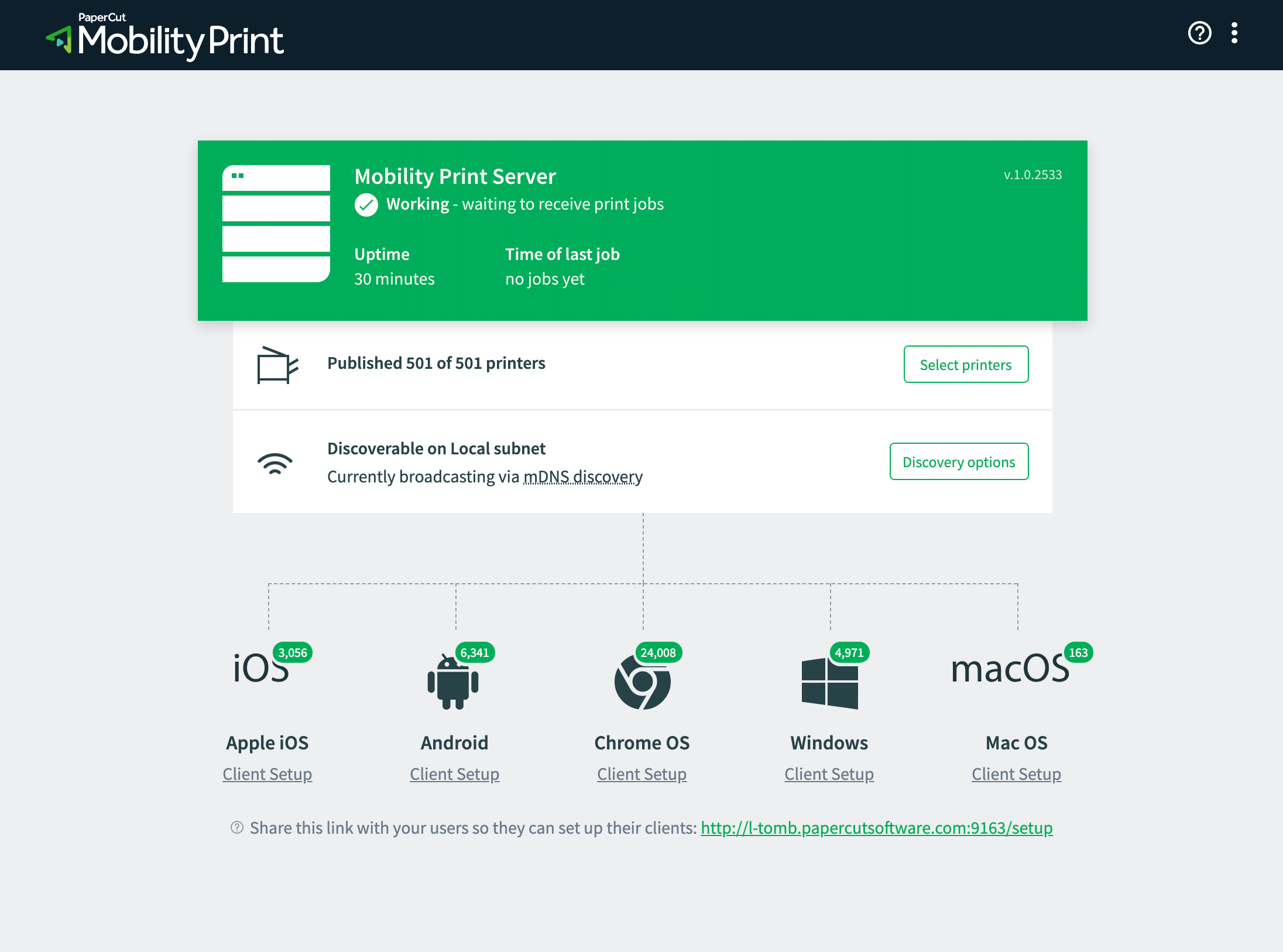 PaperCut Mobility Print product dashboard image